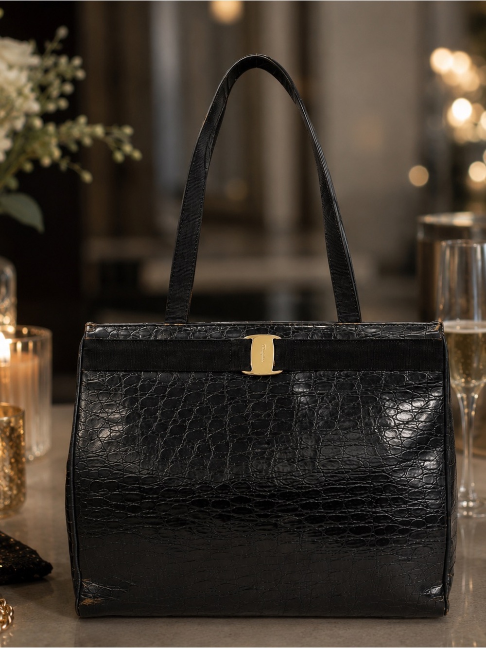 Salvatore Ferragamo Black Alligator-Embossed Leather Tote Bag with Gold Accent